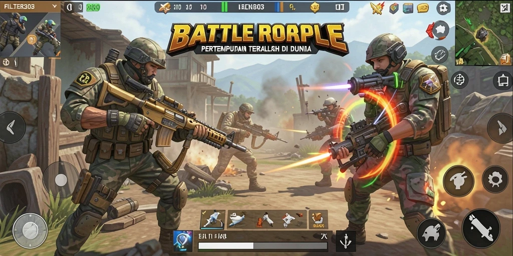 Screenshot FILTER303 menampilkan aksi pertempuran seru dalam mode Battle Royale.