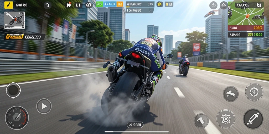 Screenshot gameplay KAKA303 menampilkan balapan motor yang mendebarkan.