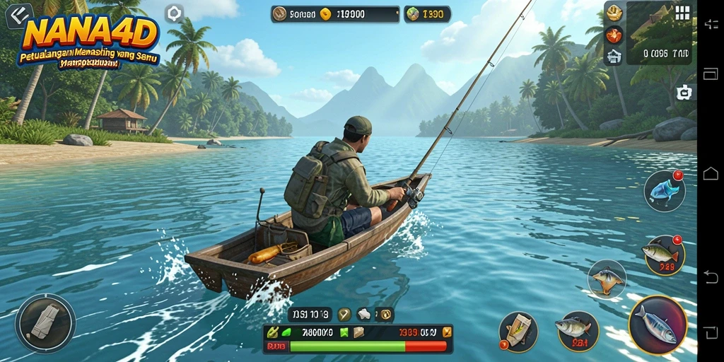 Tampilan gameplay NANA4D yang menampilkan aksi memancing yang seru.