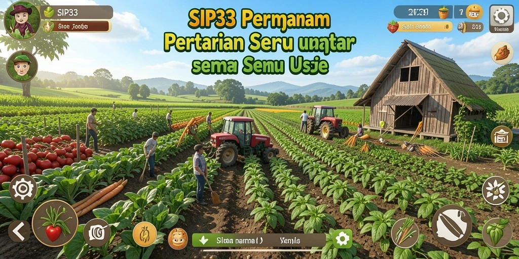 Tampilan gameplay SIP33 dengan ladang pertanian yang subur dan tanaman yang tumbuh.
