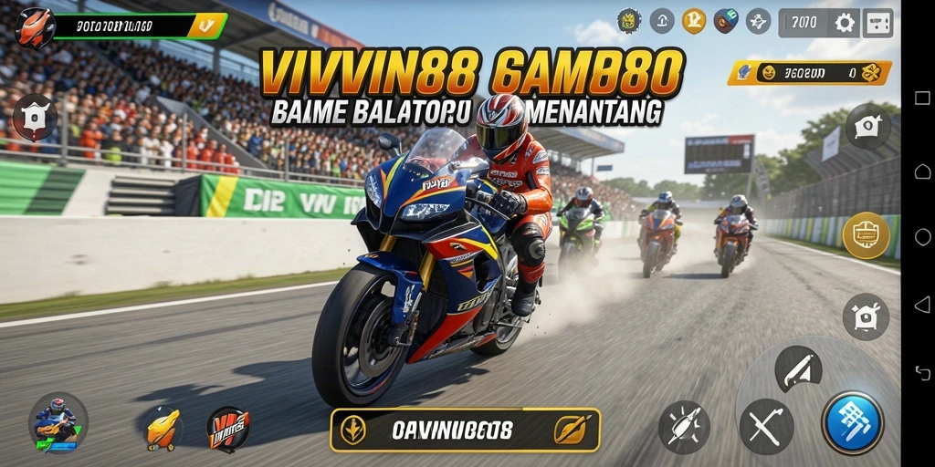 Screenshot utama dari gameplay balap motor yang mendebarkan.
